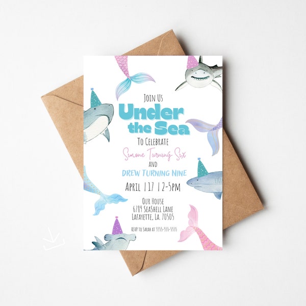 Under the sea birthday invitation, siblings bday invite, shark and mermaid theme , printable invite, Editable invitation template