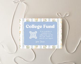 Floral Stripe Graduation QR Code Card Template, Editable Canva College Fund Insert, Class of 2026 Preppy Grad Registry Card