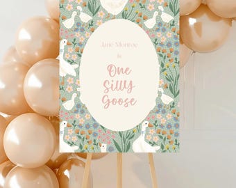 One Silly Goose Welcome Sign, Editable First Birthday Sign, Goose Party Decor, Printable Birthday Poster, Girl 1st Birthday Party Sign
