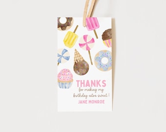 Sweet One First Birthday Party Favor Gift Tag, Girls 1st Bday Party, Ice Cream and Donut, Printable Tag Template, Editable Tag, Downloadable