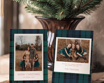 Editable Plaid Christmas Card Template  |  Classic Green & Navy Holiday Photo Card