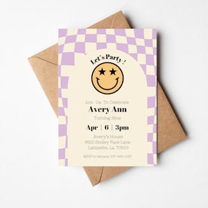 Editable smiley face invite, smiley face birthday, emoji invitation, smiley face invite, tween birthday, retro smiley face, happy face bday