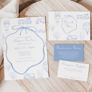 Toile De Jouy Blue Baby Shower Invitation, Pacchetto di invito Toile modificabile, Doccia blu polveroso, Chinoiserie, Stampa Toile, Download istantaneo
