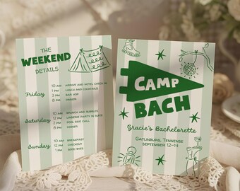 Editable Camp Bach Bachelorette Invite and Itinerary Template, Outdoorsy Hiking Theme Bachelorette Weekend, Green Stripe Downloadable Invite