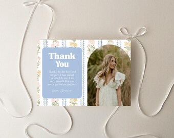 Floral Stripe Graduation Thank You Card Template, Editable Canva Grad Thank You, Class of 2026 Photo Thank You Card