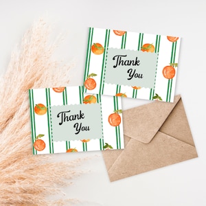 Een klein schatje is onderweg bedankkaartjes babyshower, clementinedouchethema, afdrukbare kaartsjabloon, downloadbare bedankkaart