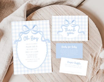 Blue Baby Shower Invitation Bundle |  Oh Boy Baby Shower Templates  |  Editable Classic Blue Gingham Shower Invite Bundle