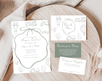 Op de afbeelding: Een babyborrel uitnodigingsset met een hoofduitnodiging, een bedankkaart en twee kleinere kaarten. De uitnodiging bevat de tekst "Join Us To Celebrate Megan Carlin And The Baby To Be Mar 17 11am". Het ontwerp heeft een zachtgroene kleurstelling met speelse illustraties.