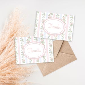 carte de remerciement vintage baby shower, baby shower floral rose et bleu, style grand-millénaire, carte de remerciement imprimable, lot de douche assorti