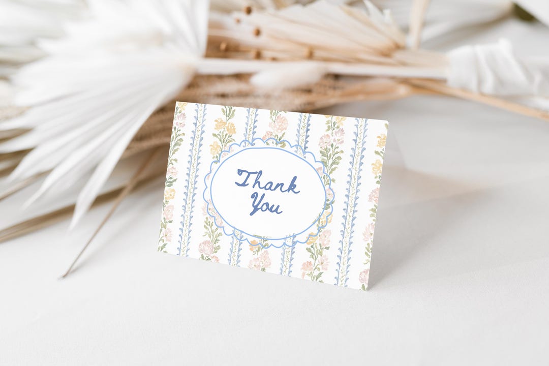 Printable Floral Thank You Card | Blue Vintage Flower Thank You Note ...