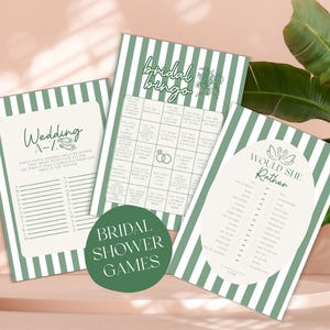 Könnte beinhalten: Drei Brautparty-Spielkarten mit grün-weiß gestreiften Hintergründen. Die Karten enthalten die Spiele "Wedding A-Z", "Bridal Bingo" und "Would She Rather". Ein grüner Kreis mit dem Text "Bridal Shower Games" befindet sich im Vordergrund.