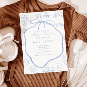 Toile De Jouy Blue Baby Shower Invitation, Editable Toile Invitation, Dusty Blue Shower Invite,  Chinoiserie, Toile Print, Instant Download