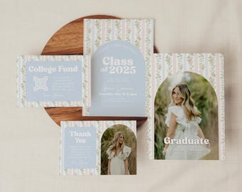 Floral Stripe Graduation Invitation Bundle Template, Editable Canva Grad Party Suite, Class of 2025 Photo Announcement Set