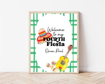 May include: A printable sign with a green and white checkered background. The sign says "Welcome to my FOURTH Fiesta Owen Paul" with a sombrero, maracas, and a guitar.