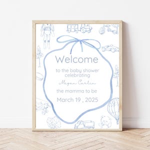 Cartello per baby shower Toile De Jouy Blue, cartello di benvenuto Toile modificabile, decorazione per doccia Dusty Blue, stampa Toile Chinoiserie Light Blue, scaricabile
