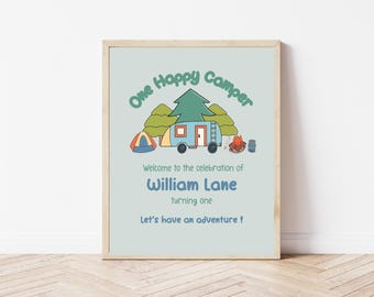 Editable One Happy Camper Birthday Welcome Sign Template,   Outdoor Adventure Camping Party Decor,  Boys First Birthday Sign