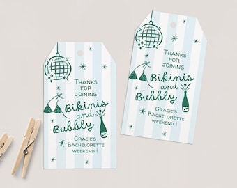 Bikinis and Bubbly Bachelorette Favor Tag Template, Editable Beach Bach Gift Tag, Printable Thank You Tag, Coastal Bridal Weekend Tag