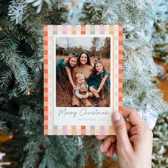 Downloadable Photo Christmas Cards | Photo Christmas Card Template  | Editable Xmas Printable | Colorful Plaid Family Christmas Card Photo