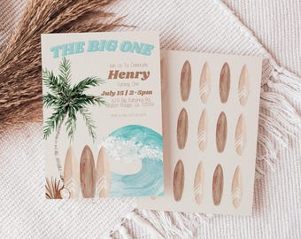 The Big One Birthday Invite, Boys Surfer Theme Bday Invitation Template, Surfs Up Birthday Party Invite, Printable Invitation Template
