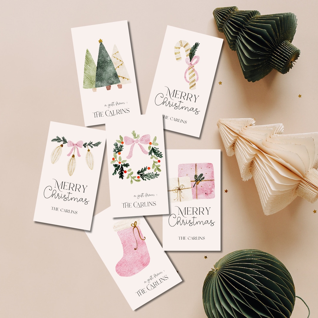 Printable Pink Christmas Gift Tags, Editable Holiday Tag Template (PDF ...