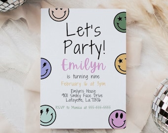 Tween Girls Birthday Invitation, Retro Smiley Face Party, Preppy Printable Template, Instant Download, E-vite, Happy Face Editable Invite