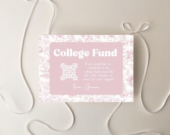 Pink Graduation QR Code Card Template, Editable Canva College Fund Insert, Class of 2026 Girly Grad Registry Card