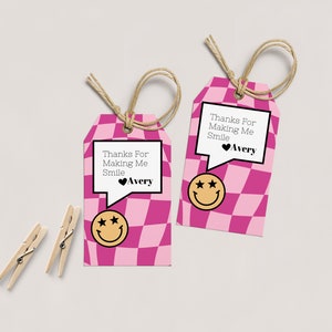 Girls Smiley Face Party Favor Tag Template, Girls Happy Face Birthday, Happy Face Emoji Gift Tag, Pink Checkered Printable Party Favor Tag