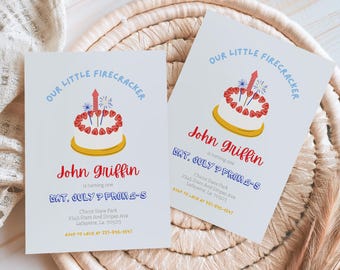 Little Firecracker 1st Birthday Invitation, 4th of July Birthday Invite, Patriotic First Birthday Invitation, Red White and Blue Invitation