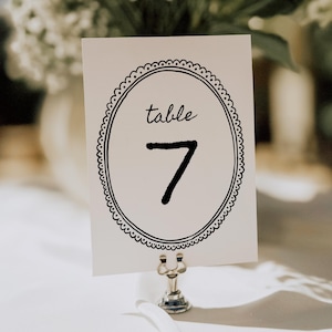 May include: A white table number card with a black oval border and the word "table" above the number 7. The card is held by a silver metal clip, with white flowers in the background.