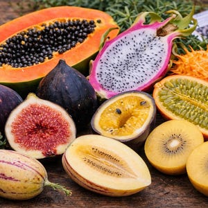 Colección de semillas de frutas exóticas de 7 variedades: papaya, physalis, pepino, kiwano, maracuyá, higo y pitahaya.