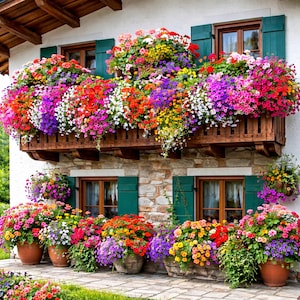 Könnte beinhalten: Ein Steinhaus mit einem Holzbalkon und Blumenkästen voller bunter Blumen. Die Blumen sind eine Mischung aus Rot, Rosa, Lila, Gelb und Weiß. Terrakotta-Töpfe und Steingefäße sind am Fuße des Hauses mit ähnlichen Blumen gefüllt.