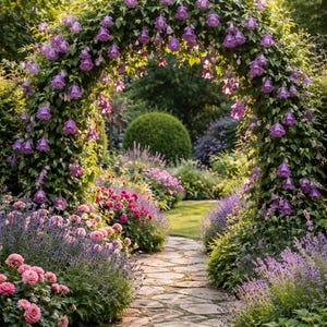 Può includere: Un sentiero di pietra conduce attraverso un rigoglioso giardino, incorniciato da un arco floreale ricoperto di fiori viola. Il giardino presenta una varietà di fiori nei toni del rosa, viola e verde, creando uno spazio esterno vibrante e invitante.