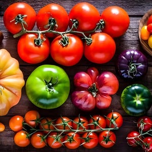 Può includere: Assortimento di pomodori antichi di vari colori e forme, tra cui rosso, verde, giallo, arancione e viola. Alcuni pomodori sono su un tralcio, mentre altri sono disposti su una superficie di legno.