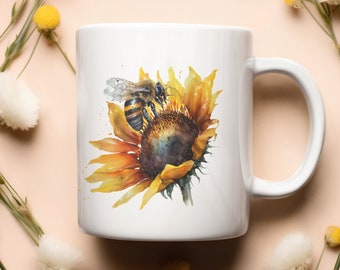 Bee and Sunflower Mug, Bumble Bee Gifts, Watercolour Bee, Coffee Mug, White Ceramic Mug, Honey Bee, Mother's Day Gift