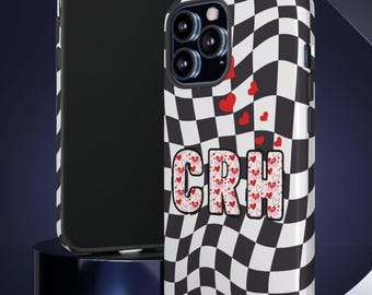 Valentines Custom Inititals Red Heart and Black Checkerboard Case For IPhone 16, Samsung Galaxy Personalized Tough Phonecase