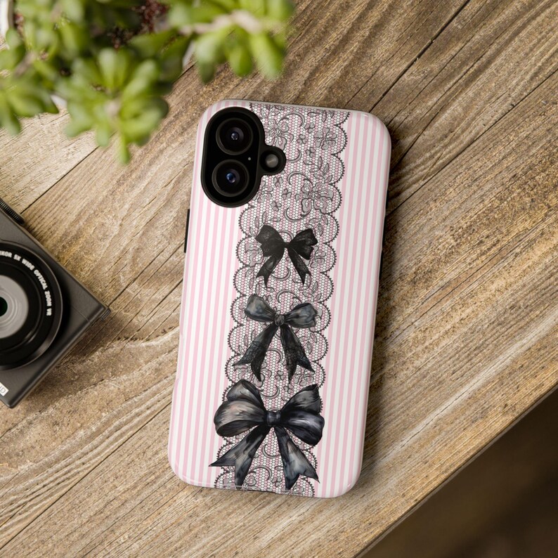 Gothic Phone Case Black Lace Design Premium Protection Cover Pink Stripe Pattern Kawaii Style Bow Details Coquette Aesthetic Phone Accessory Dual Layer Construction iPhone Samsung Compatible Protective Shell Elegant Fashion Case Beautiful