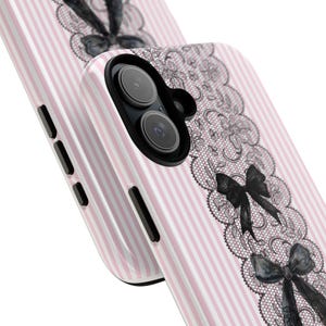 Pink Stripe Phone Case Black Bow Design Premium Protection Cover Lace Pattern Details Gothic Style Collection Kawaii Aesthetic Appeal Coquette Fashion Case iPhone Samsung Compatible Beautiful Protection Accessory Elegant Design