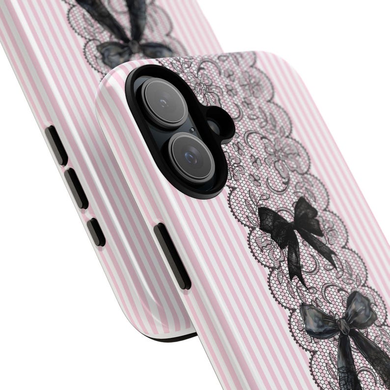 Pink Stripe Phone Case Black Bow Design Premium Protection Cover Lace Pattern Details Gothic Style Collection Kawaii Aesthetic Appeal Coquette Fashion Case iPhone Samsung Compatible Beautiful Protection Accessory Elegant Design