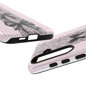 Protective Phone Case Gothic Style Design Black Lace Pattern Premium Quality Construction Pink Stripe Details Kawaii Aesthetic Cover Bow Accent Collection Coquette Fashion Case iPhone Samsung Compatible Beautiful Protection Accessory