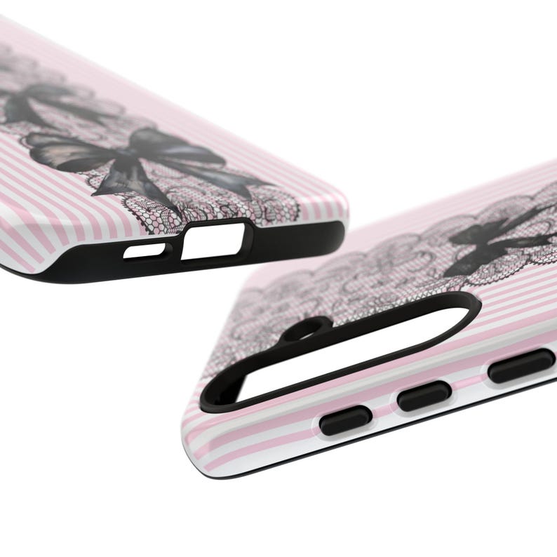 Protective Phone Case Gothic Style Design Black Lace Pattern Premium Quality Construction Pink Stripe Details Kawaii Aesthetic Cover Bow Accent Collection Coquette Fashion Case iPhone Samsung Compatible Beautiful Protection Accessory