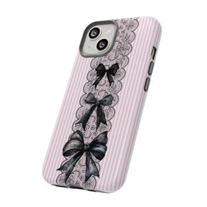 Protective Phone Case Gothic Style Design Black Lace Pattern Premium Quality Construction Pink Stripe Details Kawaii Aesthetic Cover Bow Accent Collection Coquette Fashion Case iPhone Samsung Compatible Beautiful Protection Accessory