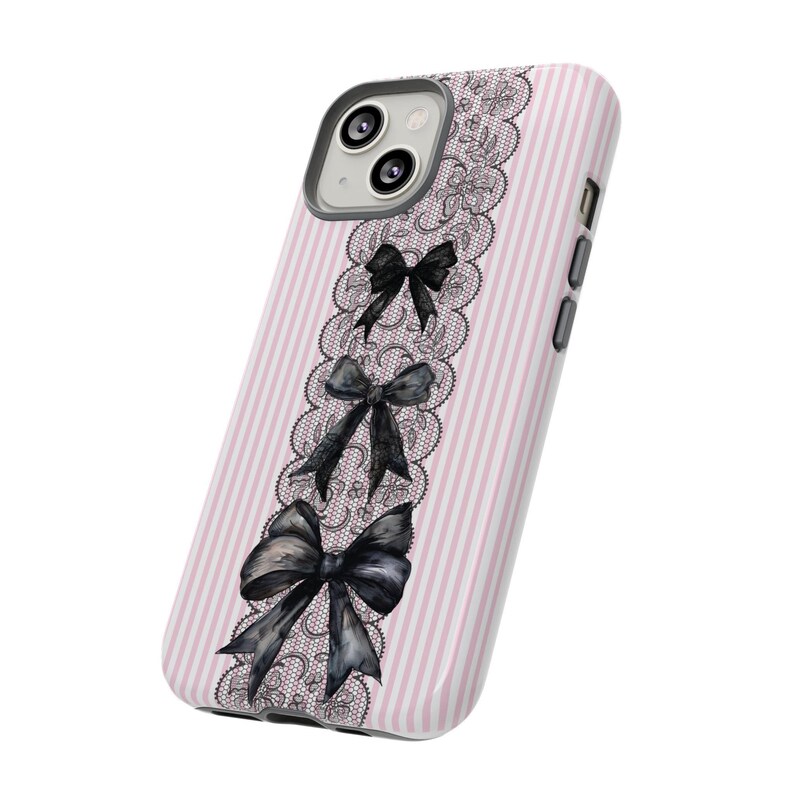 Protective Phone Case Gothic Style Design Black Lace Pattern Premium Quality Construction Pink Stripe Details Kawaii Aesthetic Cover Bow Accent Collection Coquette Fashion Case iPhone Samsung Compatible Beautiful Protection Accessory