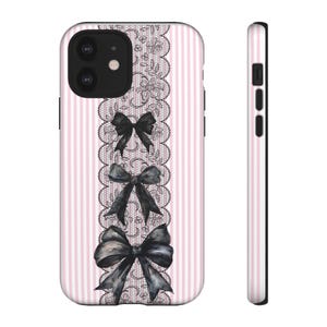 Kawaii Phone Protection Case Pink Stripe Pattern Black Bow Design Lace Details Gothic Style Cover Premium Quality Construction Coquette Aesthetic Collection Dual Layer Protection iPhone Samsung Compatible Beautiful Fashion Accessory Elegant