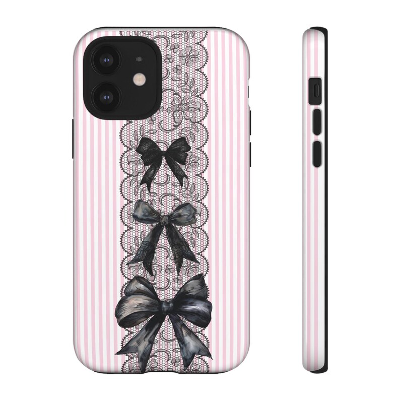 Kawaii Phone Protection Case Pink Stripe Pattern Black Bow Design Lace Details Gothic Style Cover Premium Quality Construction Coquette Aesthetic Collection Dual Layer Protection iPhone Samsung Compatible Beautiful Fashion Accessory Elegant