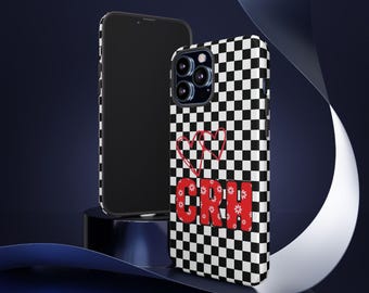 Valentines Custom Inititals Red Heart and Black Checkerboard Case For IPhone 16, Samsung Galaxy Personalized Tough Phonecase