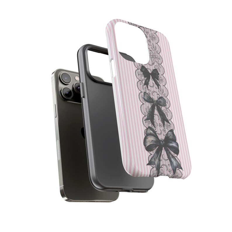 Protective Phone Case Gothic Style Design Black Lace Pattern Premium Quality Construction Pink Stripe Details Kawaii Aesthetic Cover Bow Accent Collection Coquette Fashion Case iPhone Samsung Compatible Beautiful Protection Accessory