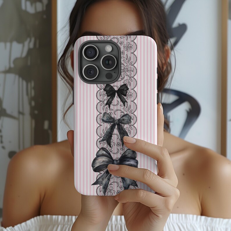 Gothic Phone Case Black Lace Design Premium Protection Cover Pink Stripe Pattern Kawaii Style Bow Details Coquette Aesthetic Phone Accessory Dual Layer Construction iPhone Samsung Compatible Protective Shell Elegant Fashion Case Beautiful