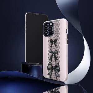 Protective Phone Case Gothic Style Design Black Lace Pattern Premium Quality Construction Pink Stripe Details Kawaii Aesthetic Cover Bow Accent Collection Coquette Fashion Case iPhone Samsung Compatible Beautiful Protection Accessory