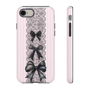 Gothic Phone Case Black Lace Design Premium Protection Cover Pink Stripe Pattern Kawaii Style Bow Details Coquette Aesthetic Phone Accessory Dual Layer Construction iPhone Samsung Compatible Protective Shell Elegant Fashion Case Beautiful