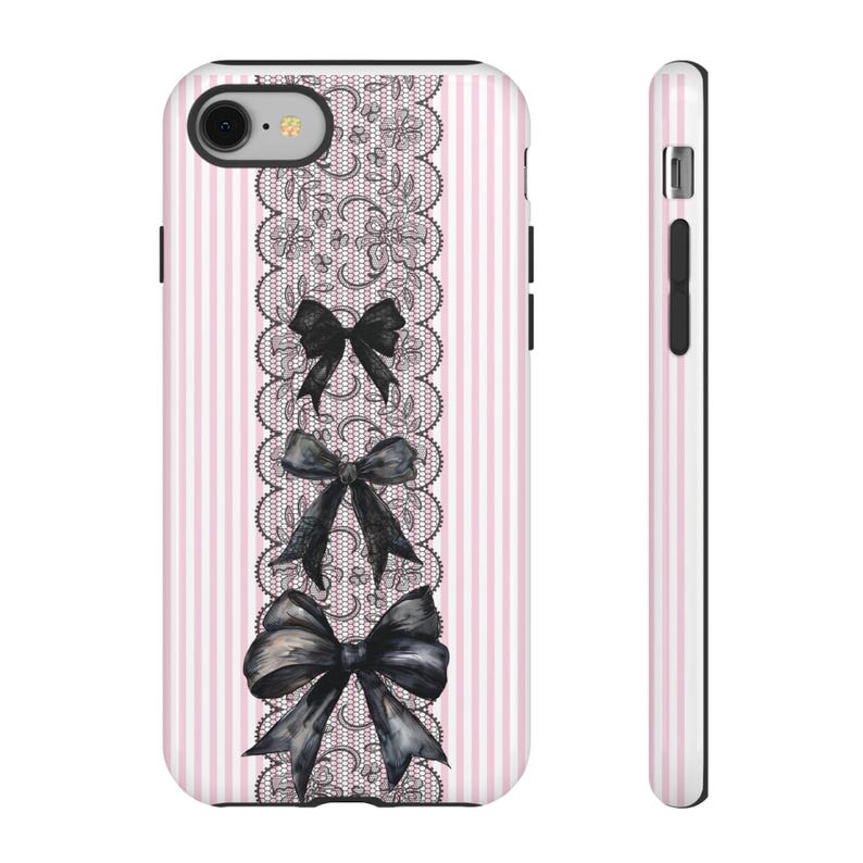 Gothic Phone Case Black Lace Design Premium Protection Cover Pink Stripe Pattern Kawaii Style Bow Details Coquette Aesthetic Phone Accessory Dual Layer Construction iPhone Samsung Compatible Protective Shell Elegant Fashion Case Beautiful